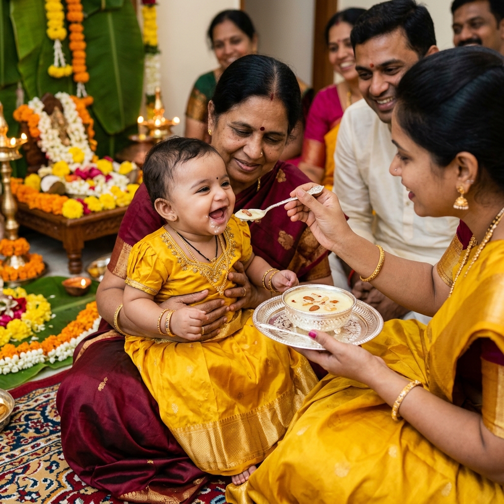 Annaprashan Puja - Maternal uncle and parents offering first consecrated sweet payasam with silver spoon