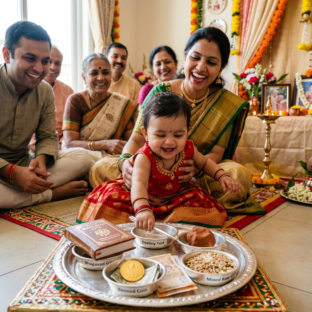 Annaprashan Puja - Traditional Annaprashan test tray with holy granth, pen, gold coin, and earth