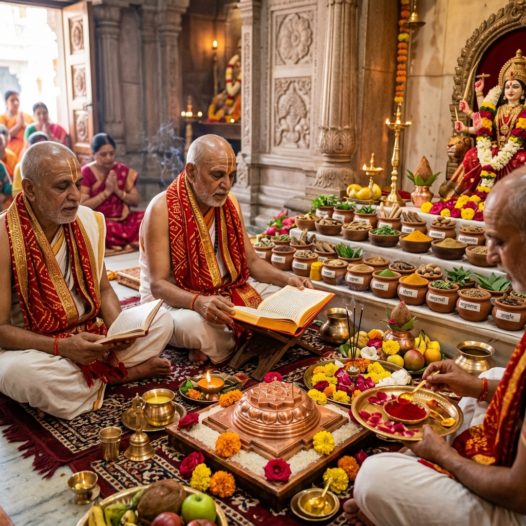 Chandi Homam & Durga Puja - Acharyas chanting all 700 verses of Devi Mahatmyam with red chunri and Devi yantra