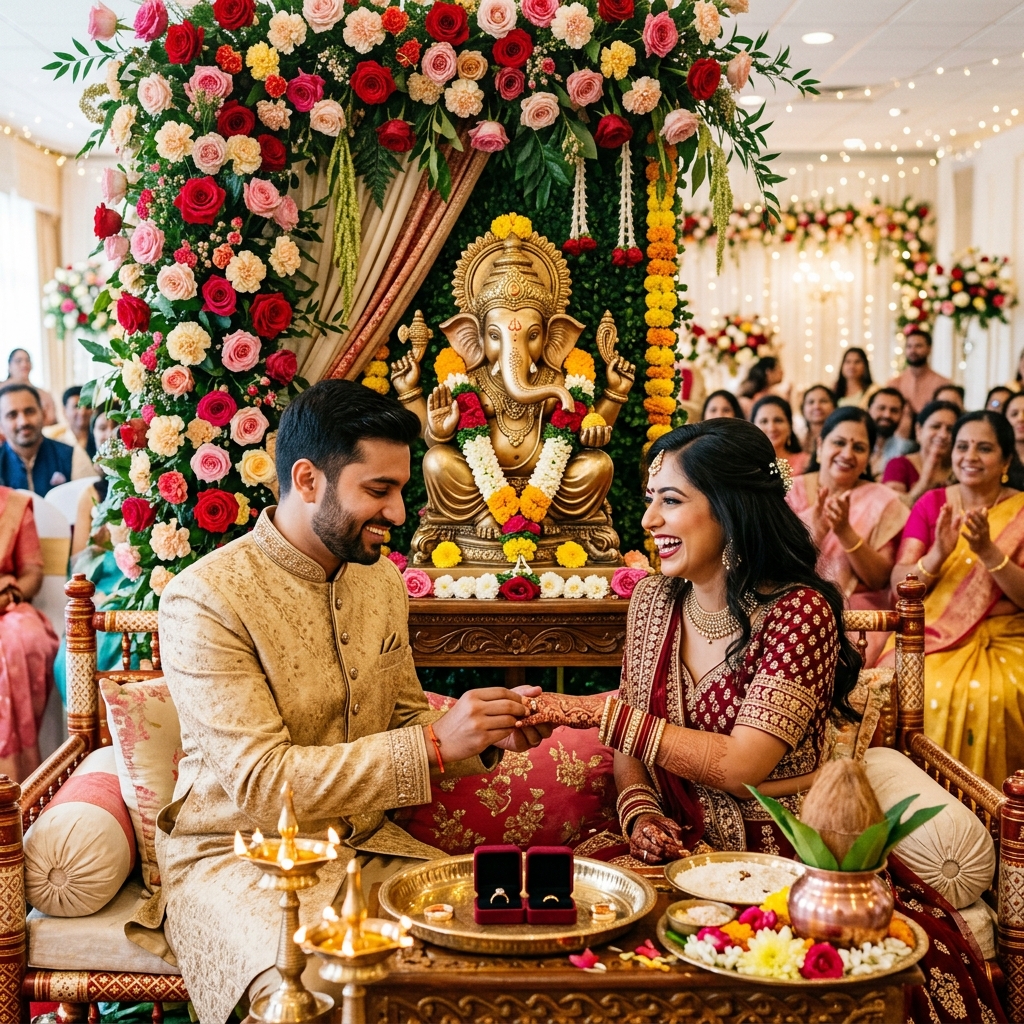 Engagement & Roka Puja - Engagement rings blessed before Lord Ganesha accompanied by family aarti