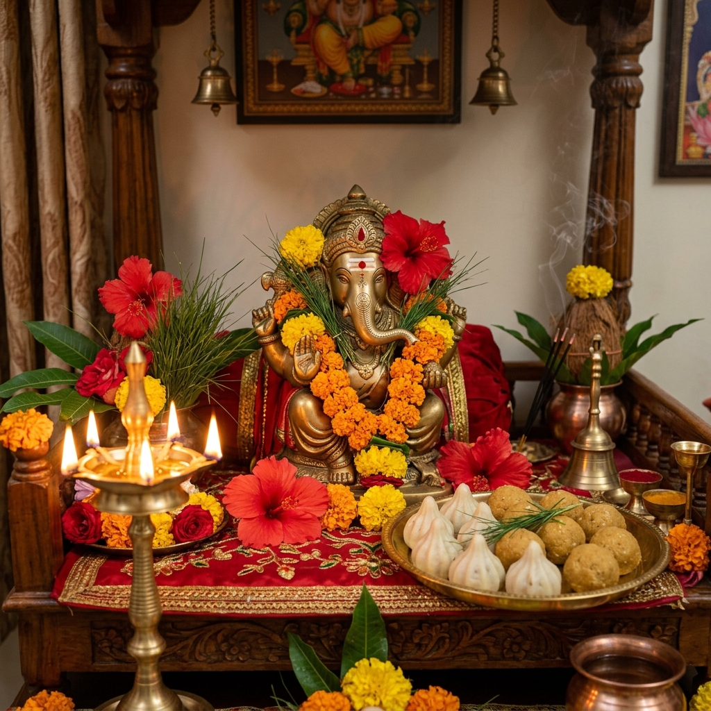 Ganesh Puja & Ganapati Atharvashirsha - Sacred Lord Ganesha altar with fresh Modaks, red hibiscus flowers, and Durva grass