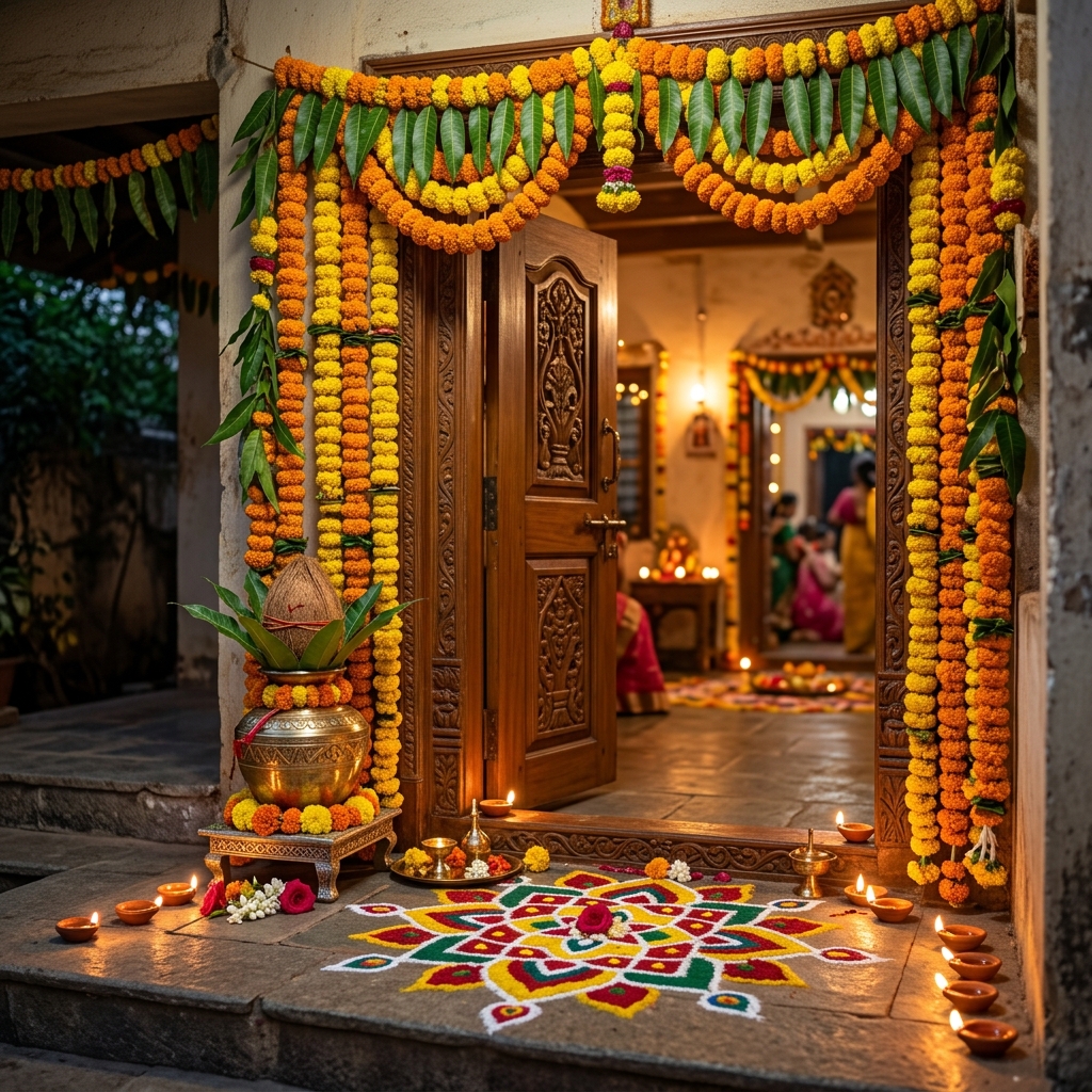 Griha Pravesh Puja - Auspicious threshold Dwar Puja with fresh mango leaf toran and brass Surya Kalash