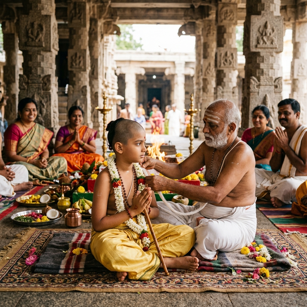 Janeu / Upanayan Sanskar - Young Brahmachari receiving the sacred three-fold Yajnopavita thread and Palasha danda