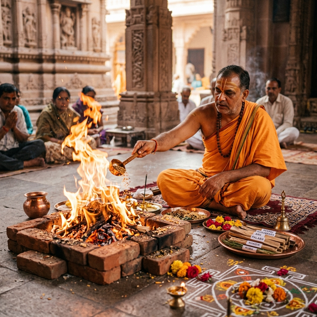 Navagraha Shanti Puja & Havan - Planetary pacification havan utilizing specialized Vedic herbal wood offerings