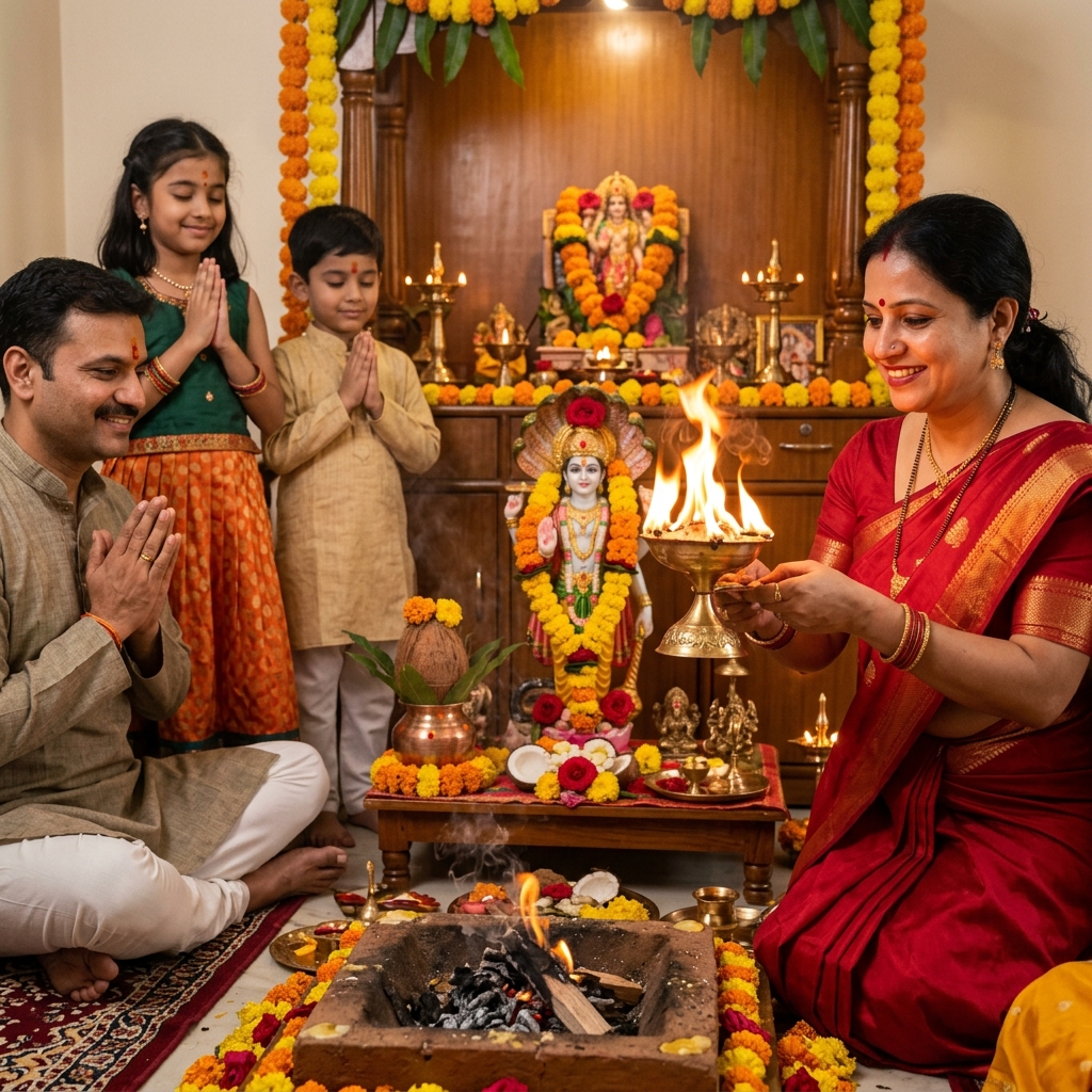 Satyanarayan Puja & Katha - Sacred Havan fire and camphor Panchamukhi Aarti conferring divine blessings
